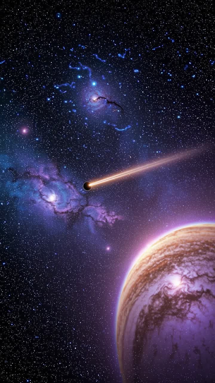 A cosmic scene with a planet and shooting star, captured from a high-angle perspective