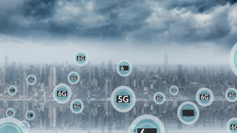 도시 풍경 위의 6g 텍스트와 연결된 네트워크의 애니메이션