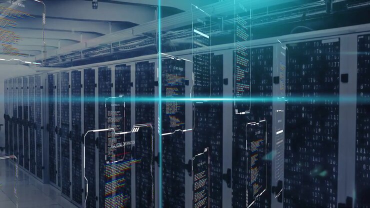 Server racks reacting to cyan vertical glow and sweep, HUD panels scrolling to show data flow