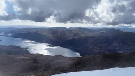 Slow-panning-shot-over-loch-Lomond-and-the-walkway-at-Ben-Lomond