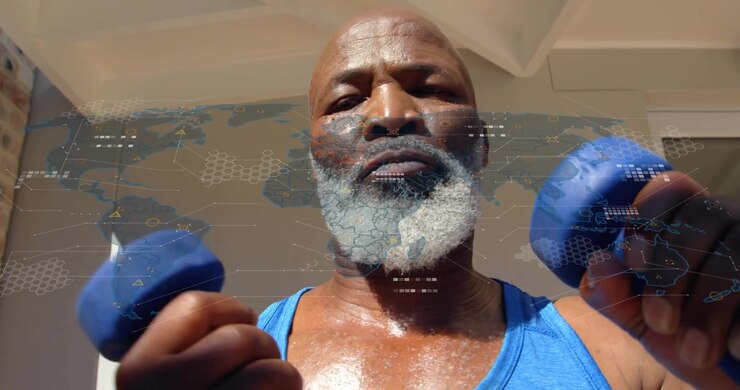 Trainer extending arm punching then curling syncing clear map overlay for tracking health data