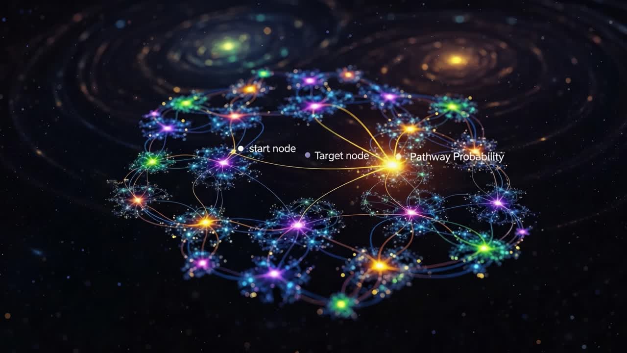 Visualizing Complex Networks: A Detailed Representation of Node Connections and Pathway Probabilities in a Vibrant Cosmic Environment
