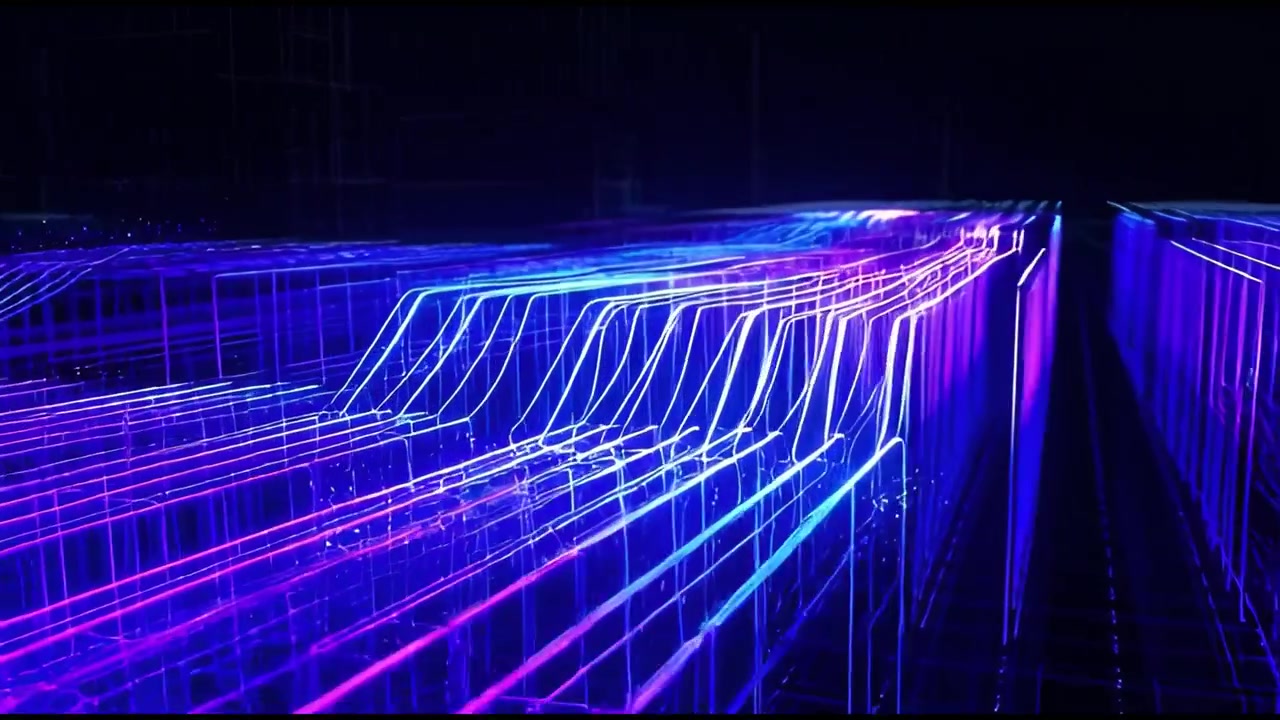 Abstract Digital Data Flow Through Glowing Neon Grid Lines