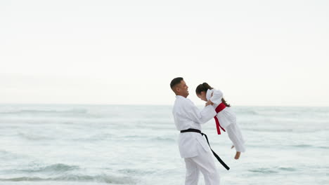 beach, sports or child with father to play martial