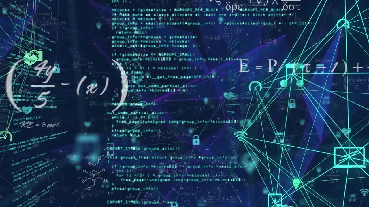 Animation of network of connections with data processing and mathematical equations over shapes