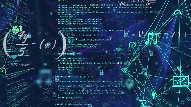 Animation of network of connections with data processing and mathematical equations over shapes