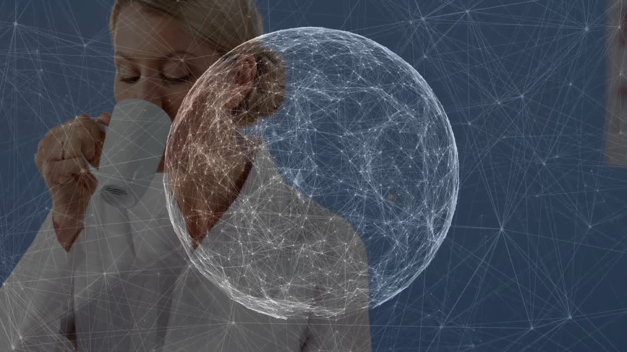 Mid-adult woman sipping white mug in studio, highlighting technology network mesh sphere overlay