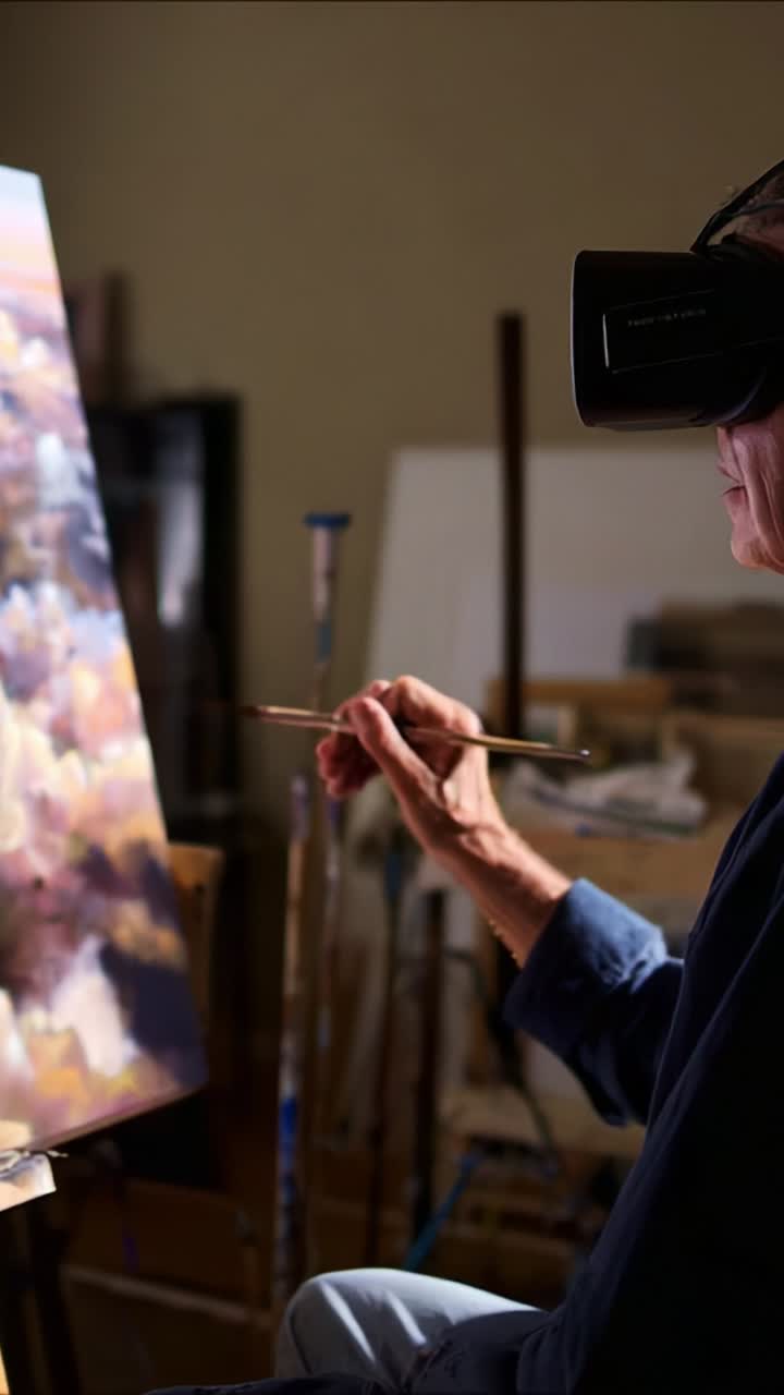 An artist explores virtual reality while painting, merging traditional techniques with digital creativity, showcasing modern artistry and immersive experiences in action