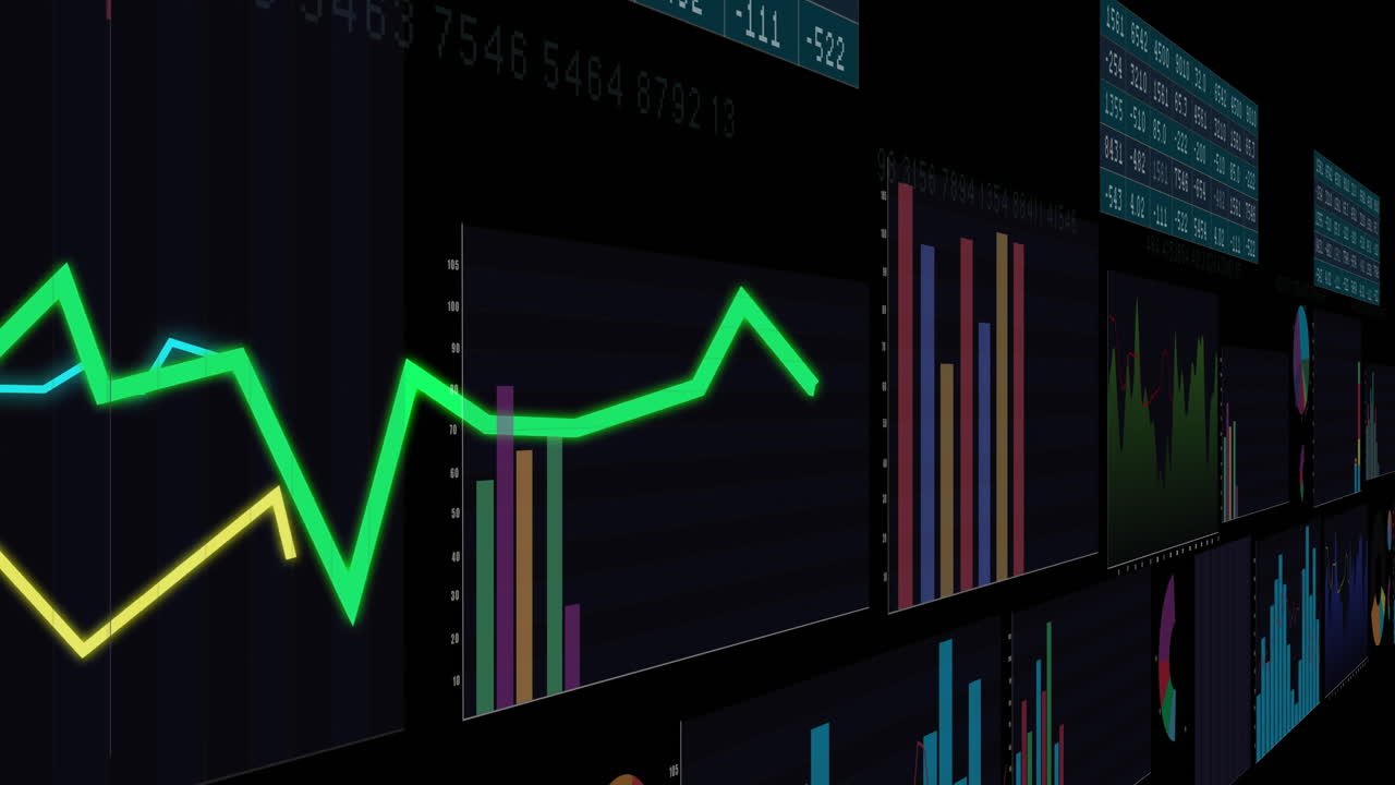 Financial data charts and graphs animation over dark background