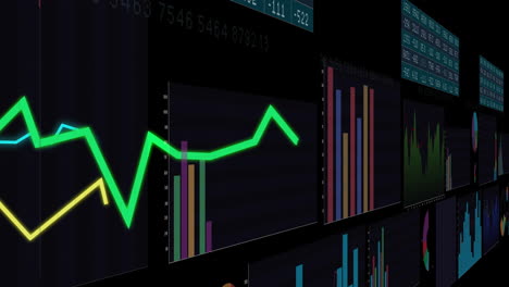 financial data charts and graphs animation over dark background