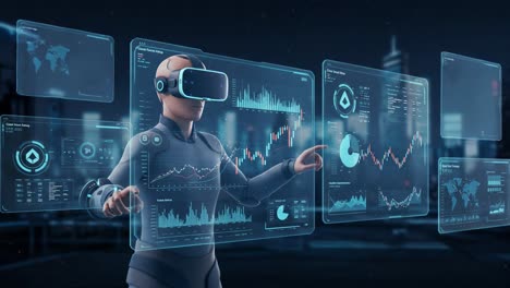futuristic virtual reality analyst interacting with data visualizations in a high-tech environment, showcasing immersive technology and advanced analytics
