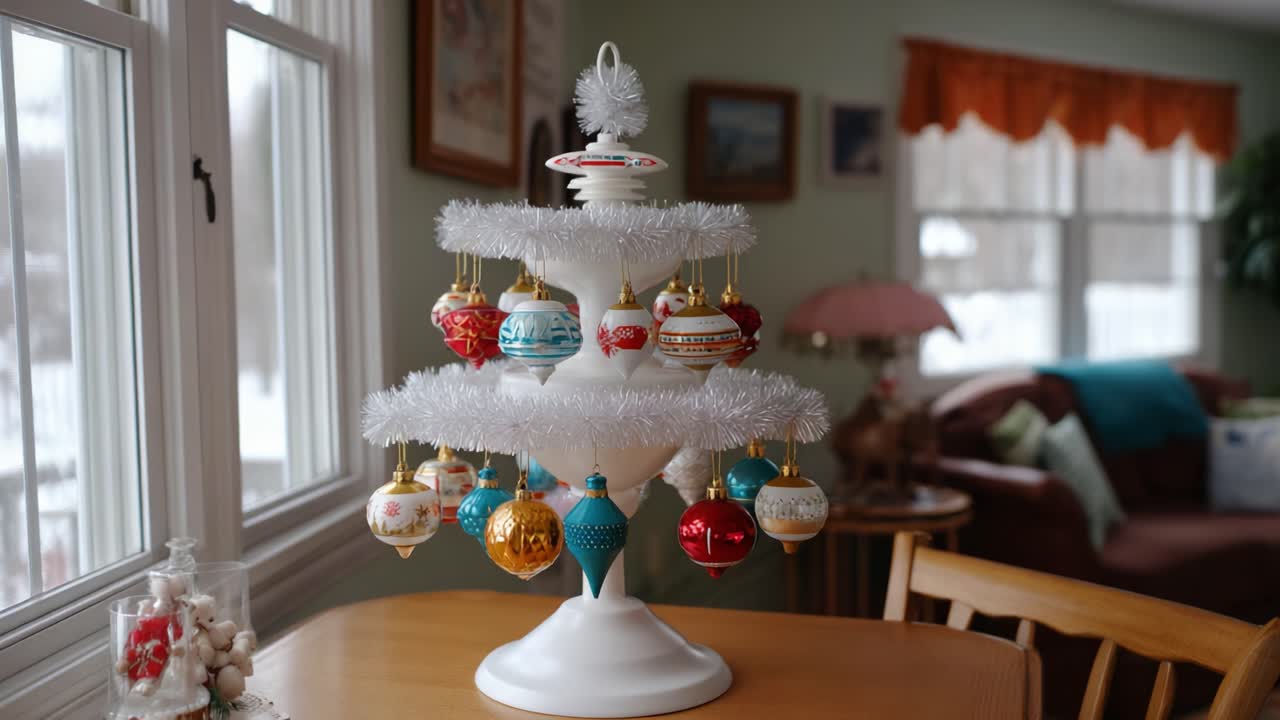 A Festive Display of Vintage Ornaments on a White Cake Stand Surrounded by a Cozy Winter Atmosphere, Perfect for Celebrating the Holiday Season
