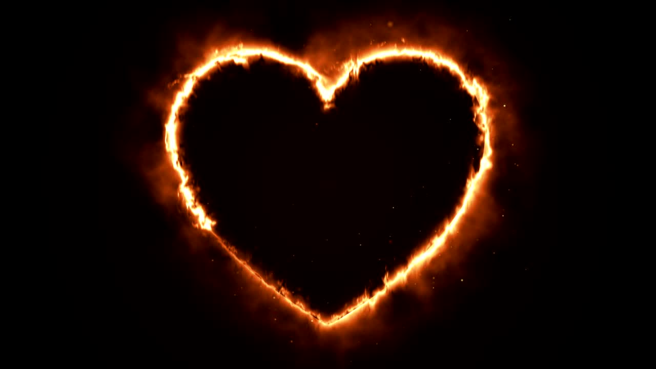 Animazione continua di una forma a cuore in fiamme con scintille.