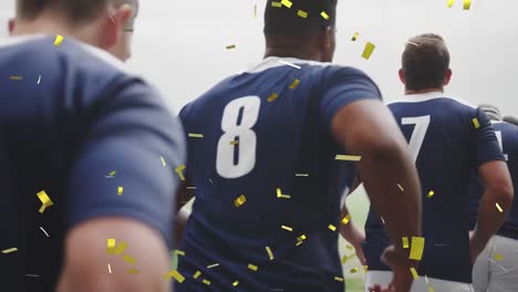 animation of confetti falling over diverse male rugby players at stadium