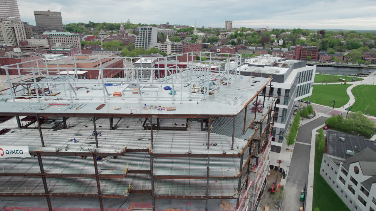 Aerial view of a building under construction in Providence, Rhode Island.