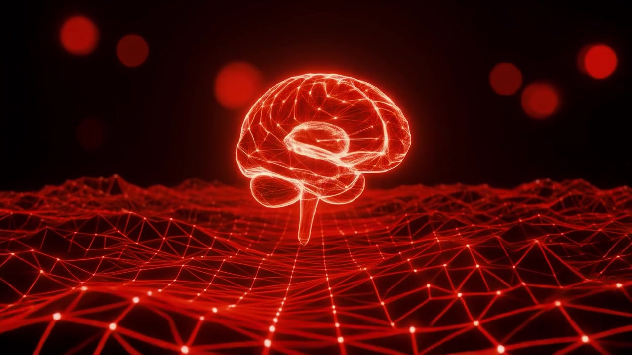 Cerebro de wireframe rojo abstracto girando en una red digital