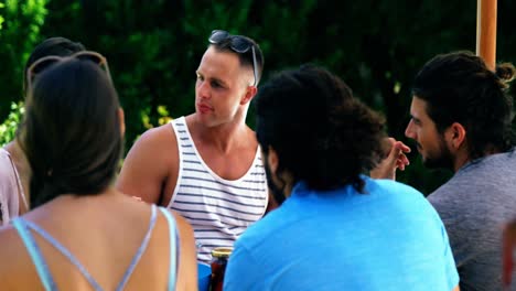 grupo de amigos interactuando entre sí en una fiesta de barbacoa al aire libre