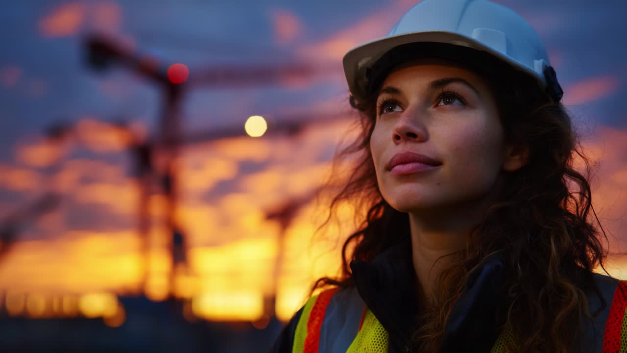 A determined construction worker gazes towards the horizon, embodying hope and ambition against a stunning sunset backdrop, with cranes symbolizing growth and progress in the rising skyline