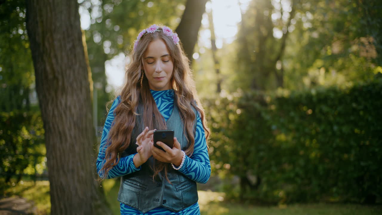 mujer usando el teléfono en un parque