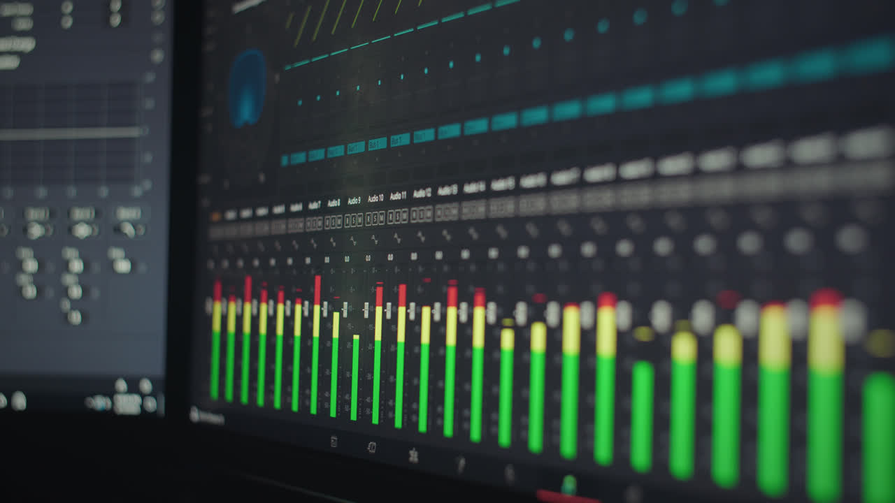 녹음 스튜디오에서 오디오 레벨 사운드 믹싱 페이더