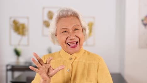 asian grandmother in yellow shirt smiles and makes an ok hand gesture in a bright, modern living room with soft natural lighting and steady camera