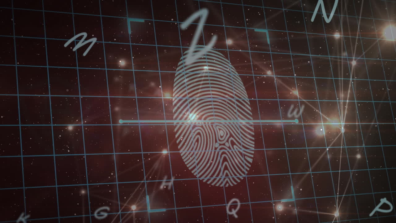 animación de letras, candados y escaneo de huellas dactilares sobre fondo negro