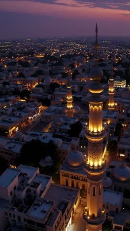 aerial perspective revealing glowing mosque minarets towering over dubai's skyline during golden hour, highlighting architectural harmony between cultural heritage and contemporary design