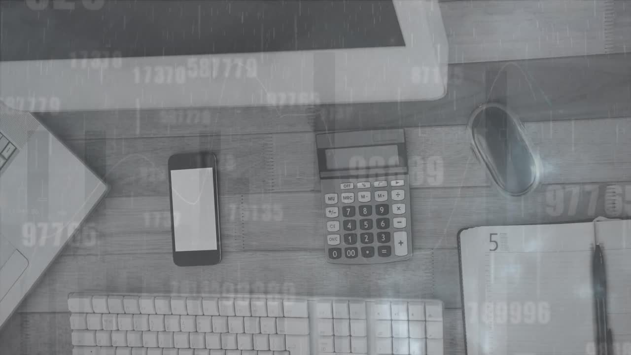 Animation of data processing and changing numbers over office equipment on wooden surface