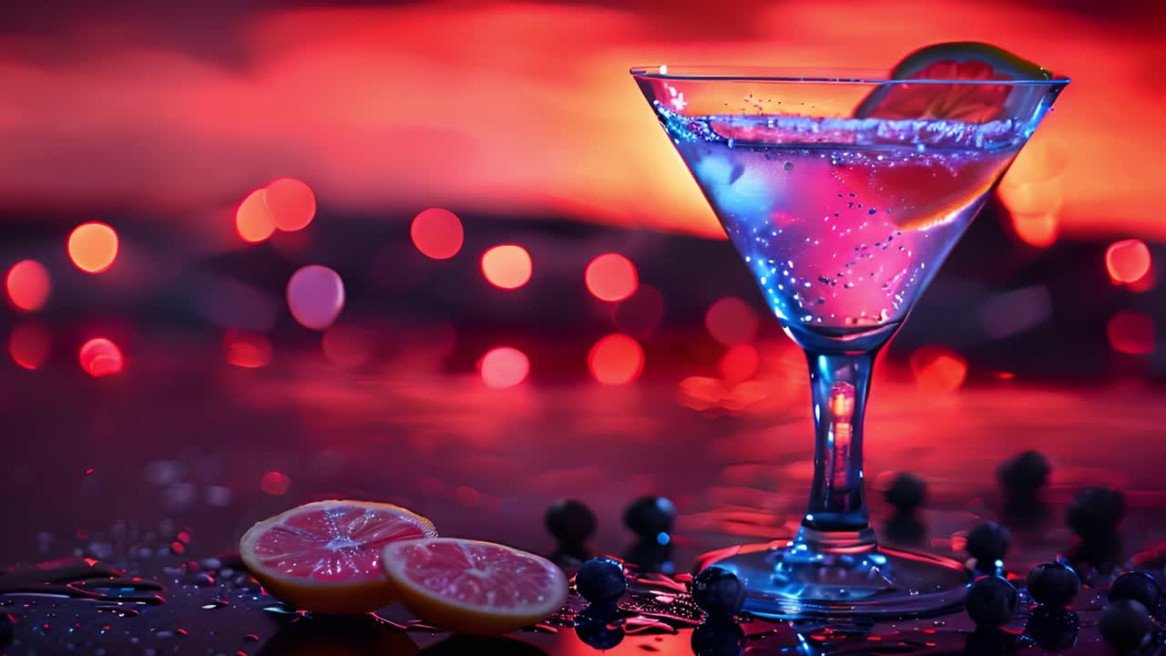 Vibrant Cocktail with Citrus and Blueberries Against a Bokeh Background