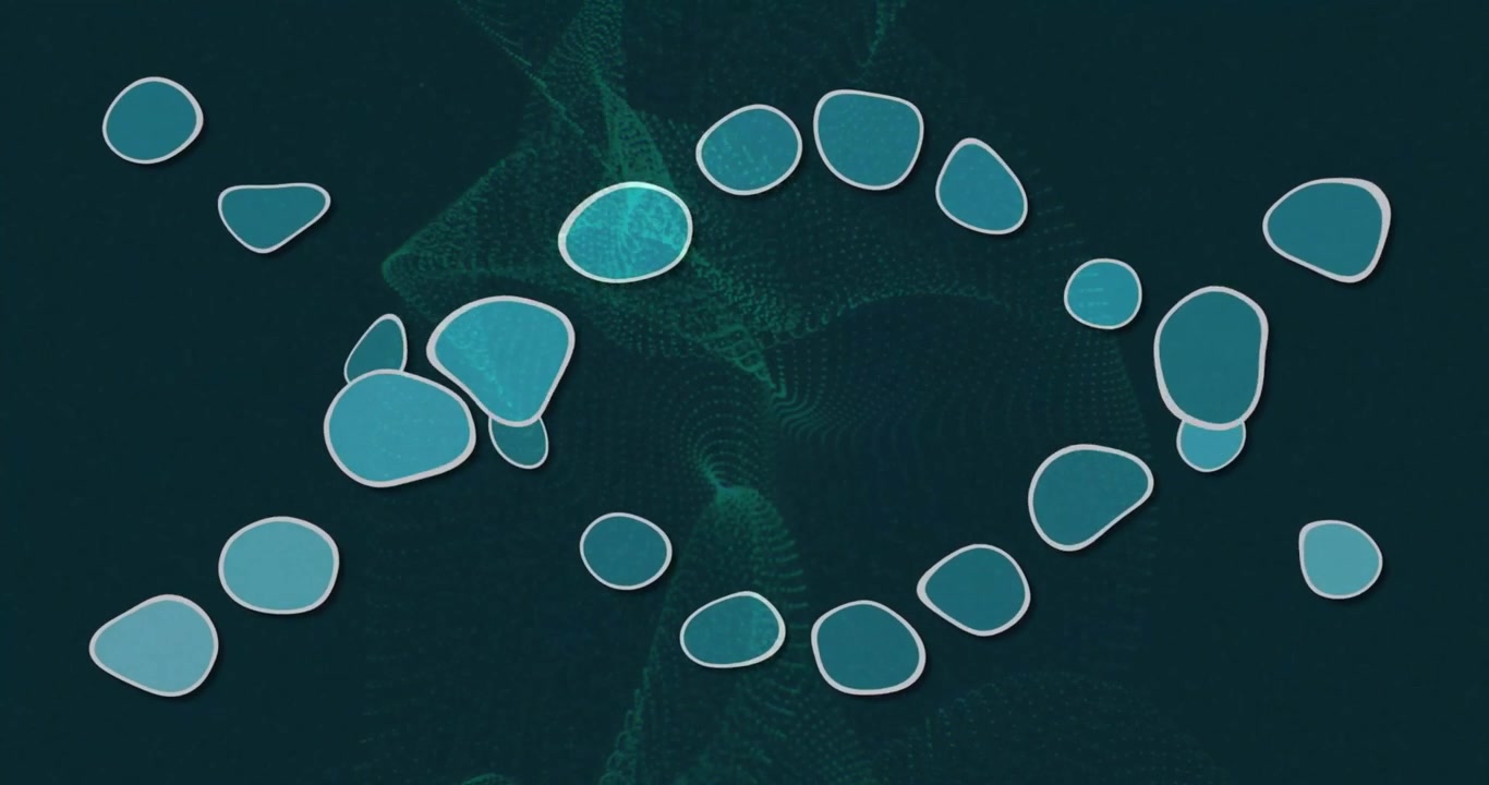 Pulserend gaas stuurt turquoise ovalen aan die met de klok mee draaien en in een dubbele lus, een achtvorm, drijven.