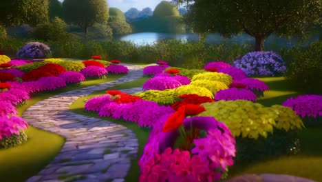 vibrant garden path with colorful flowers and lush landscaping