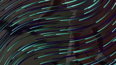 male tennis player swinging racket on clay court, using sports technology with motion paths