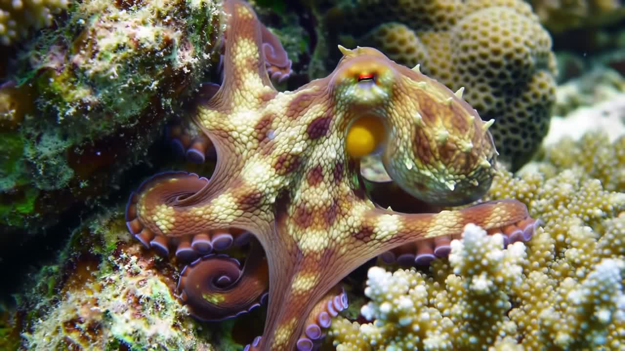 A Close Encounter with a Colorful Octopus in a Vibrant Coral Reef, Showcasing Its Unique Patterns and Adaptations in a Stunning Underwater Environment