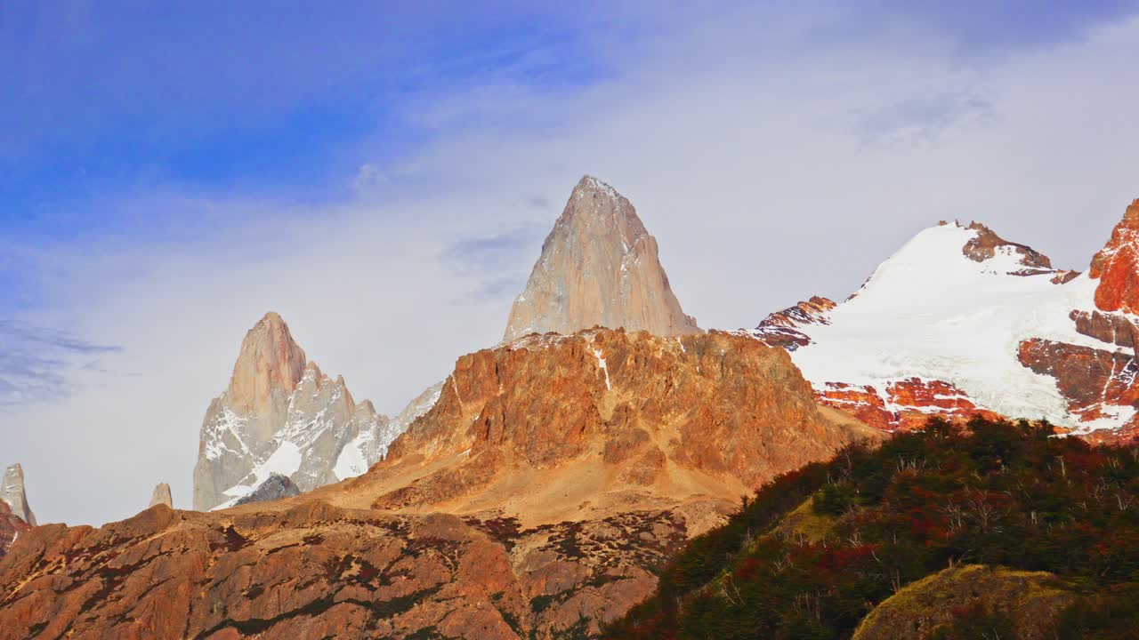 Fast-moving clouds and a colorful mountain landscape in Patagonia. Fitz Roy view from Piedra del Fraile near El Chalten Town