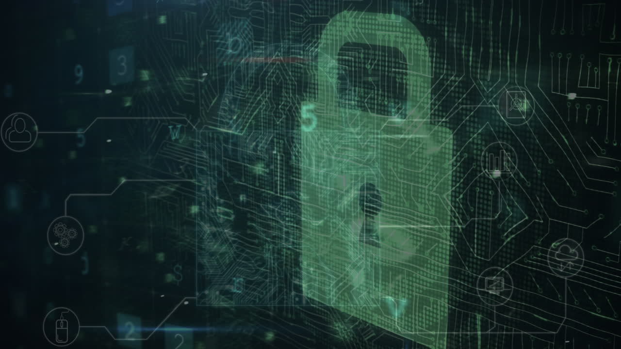 animación de escaneo, números y candado de seguridad en línea