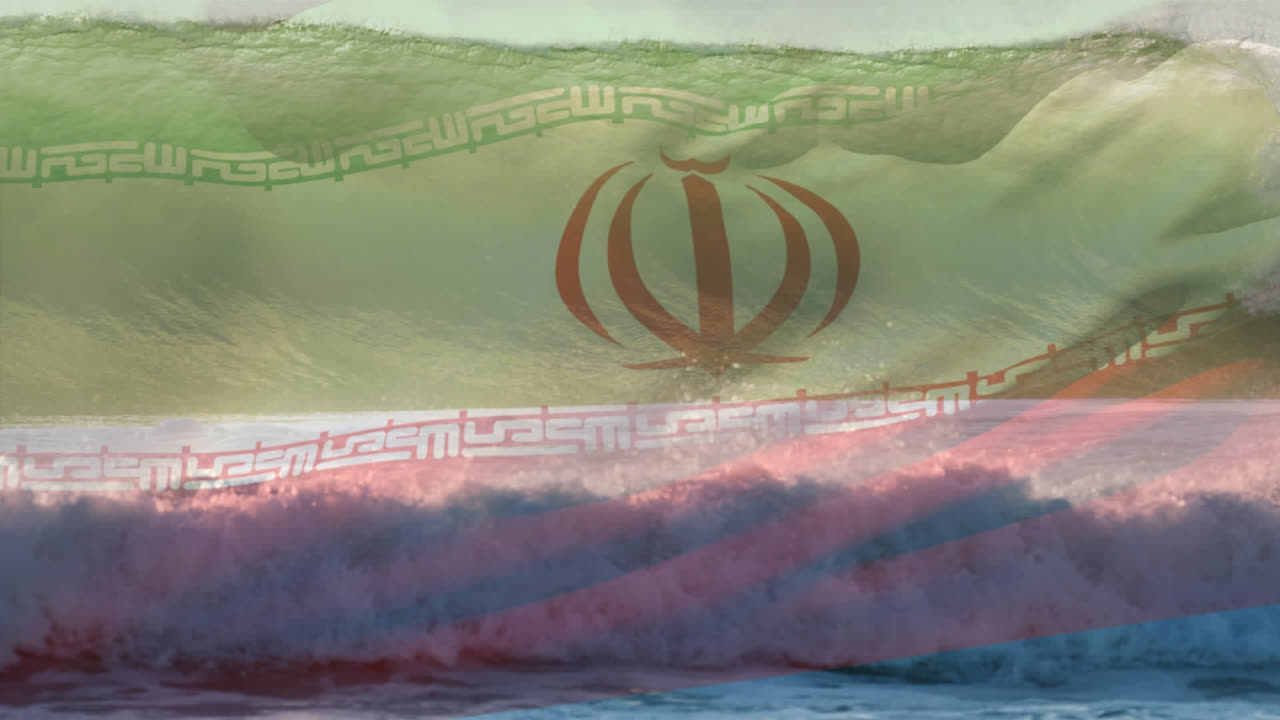 composición digital de ondear la bandera de irán contra las olas en el mar