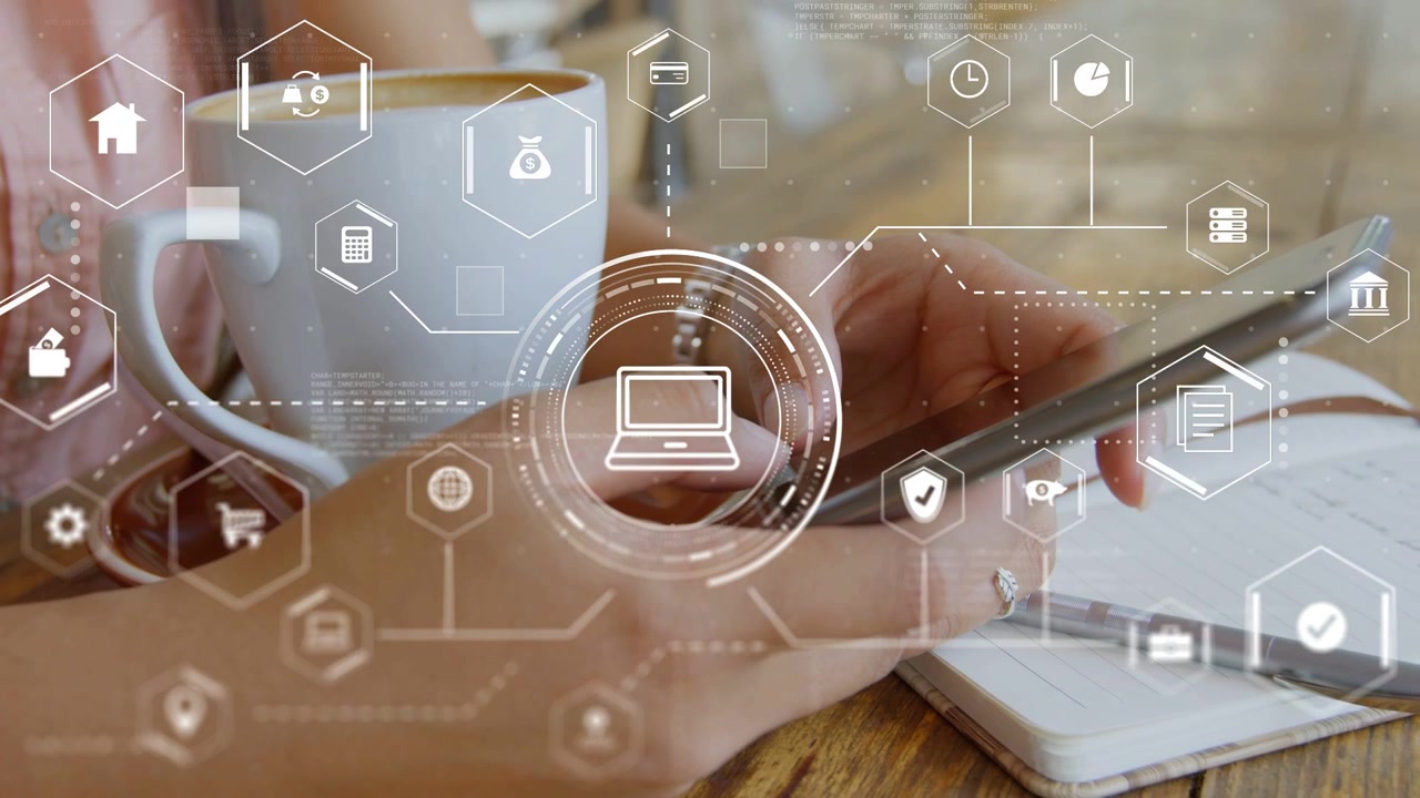 Woman tapping phone at cafe table, AR hex icons and laptop hub appearing for technology browsing