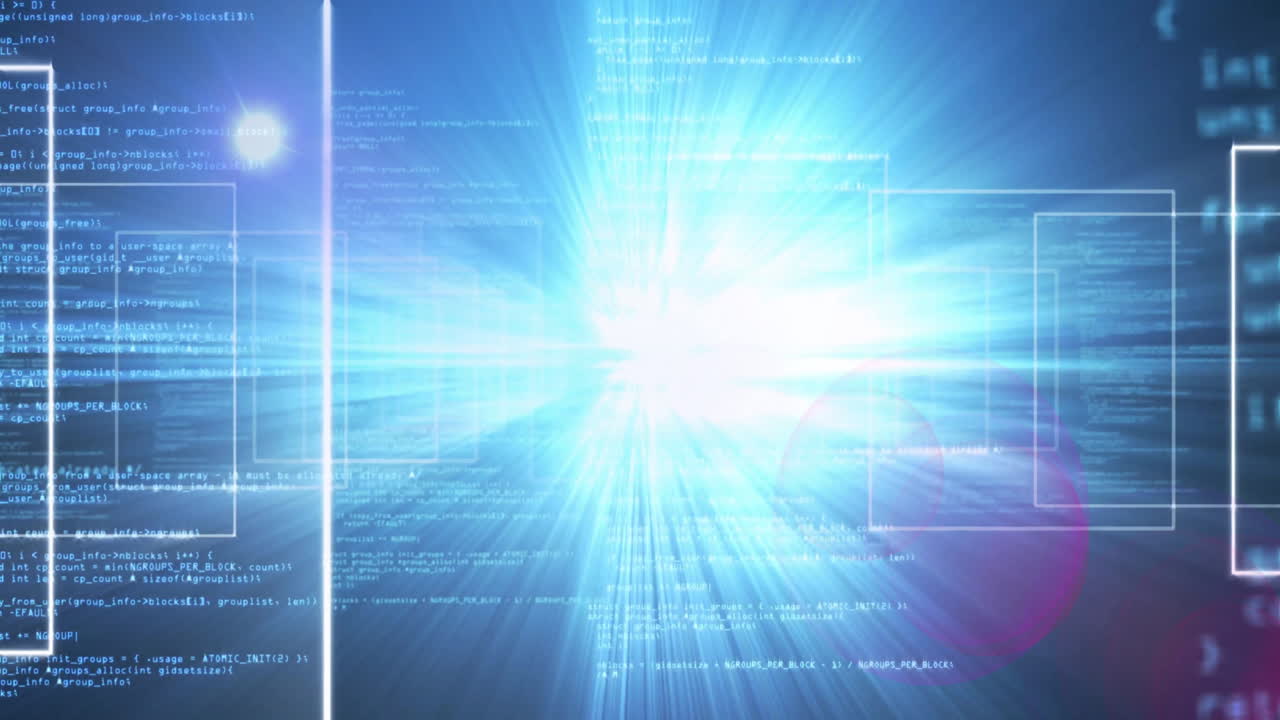 Digital code and data processing animation with bright light burst effect