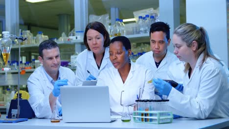 Team-of-scientists-discussing-over-laptop-4k