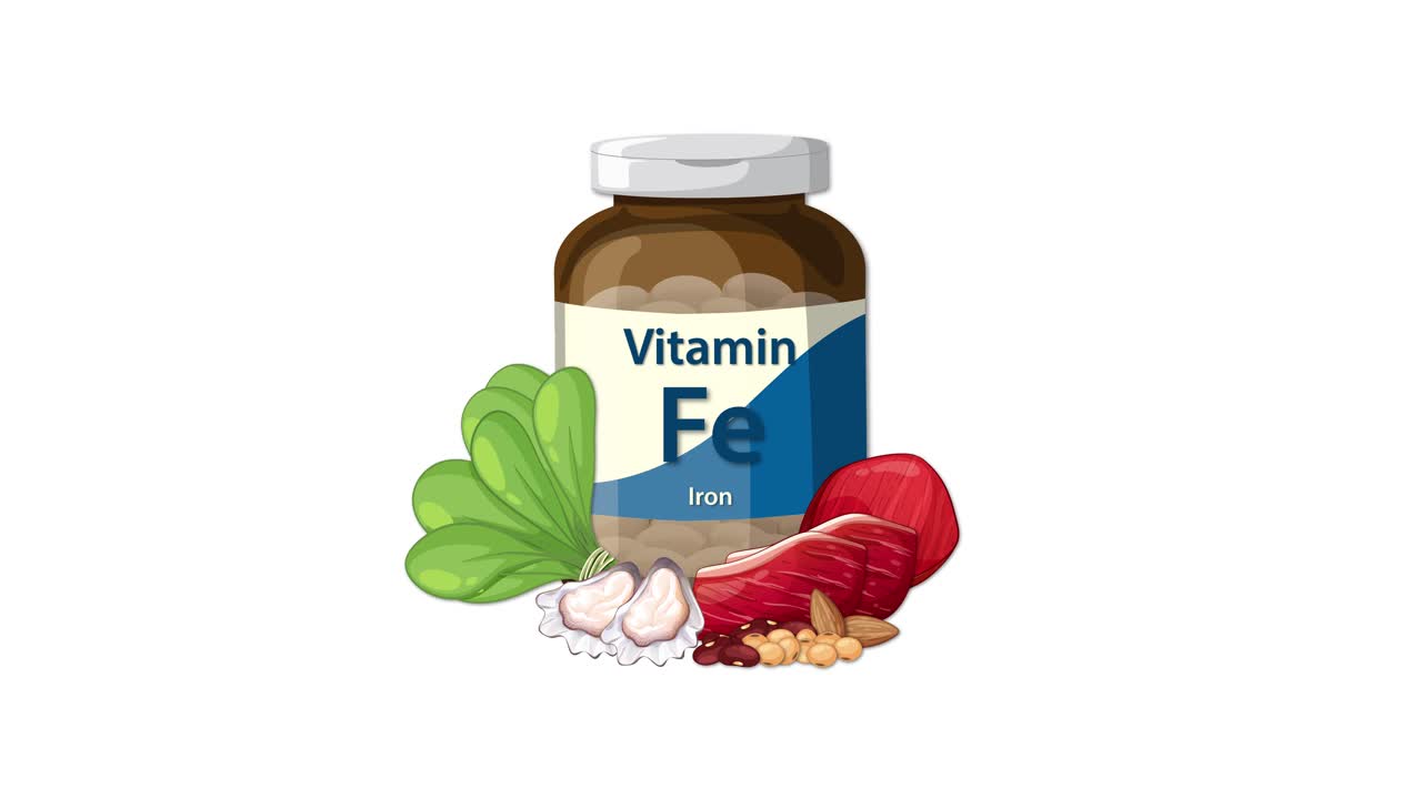 Iron supplement bottle appears with spinach, beetroot, garlic, and nuts in clean white background