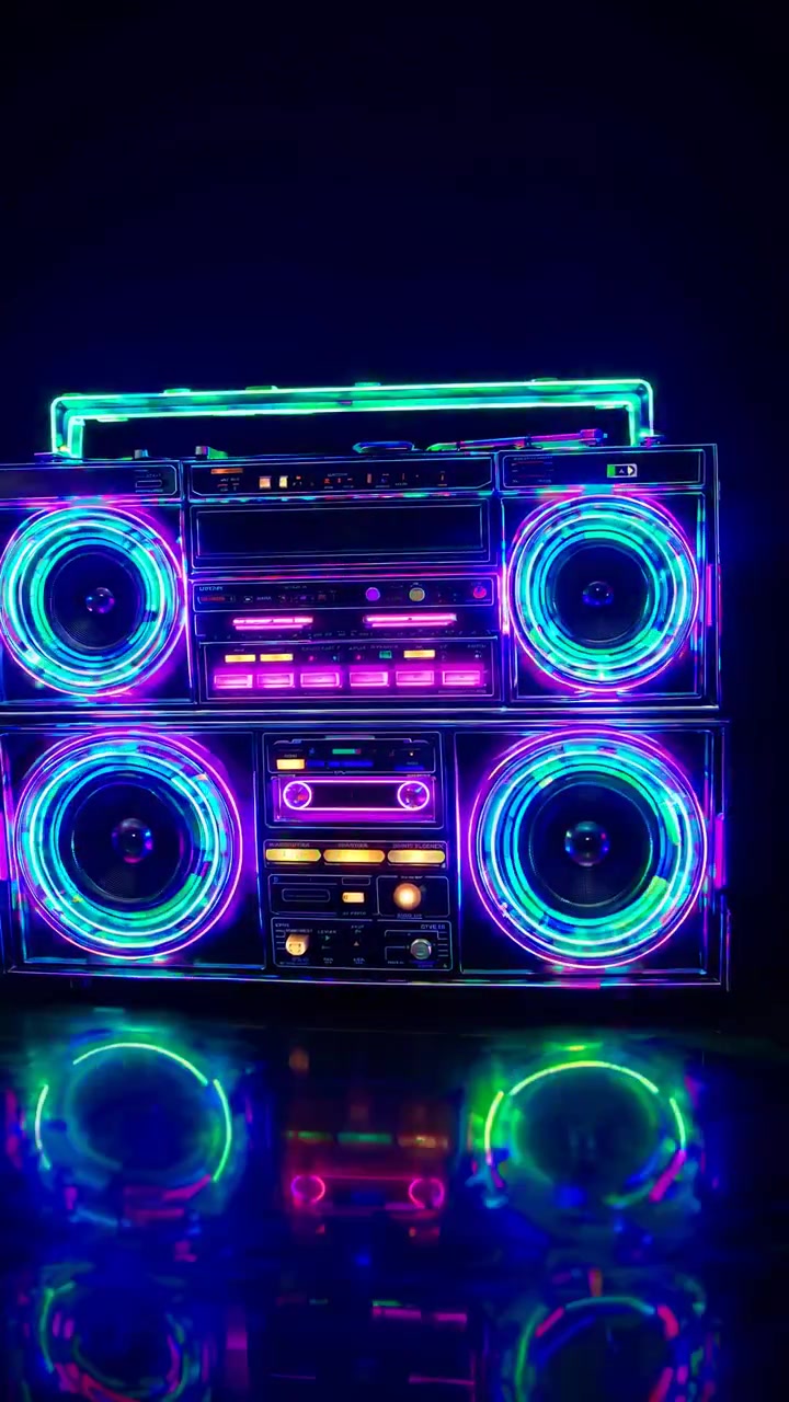 Boombox retrò con luci al neon pulsanti su sfondo scuro