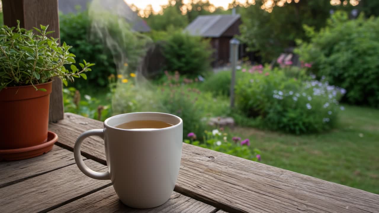 A Tranquil Morning Scene with a Steaming Cup of Tea Overlooking a Beautiful Garden, Inviting Moments of Relaxation and Reflection in Nature's Embrace