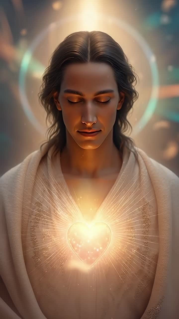 Primer plano etéreo de una figura serena con un corazón brillante, que recuerda a un vídeo de fantasía