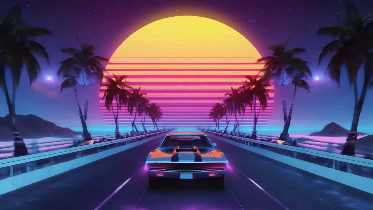 Retro Synthwave Car Drive at Neon Sunset