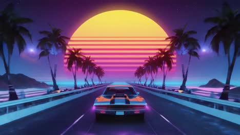 retro synthwave car drive at neon sunset