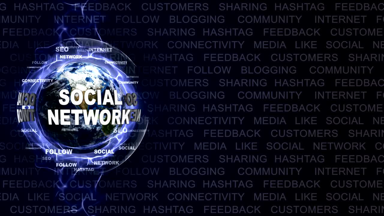 animación de texto de red social y tierra, con palabras clave, bucle