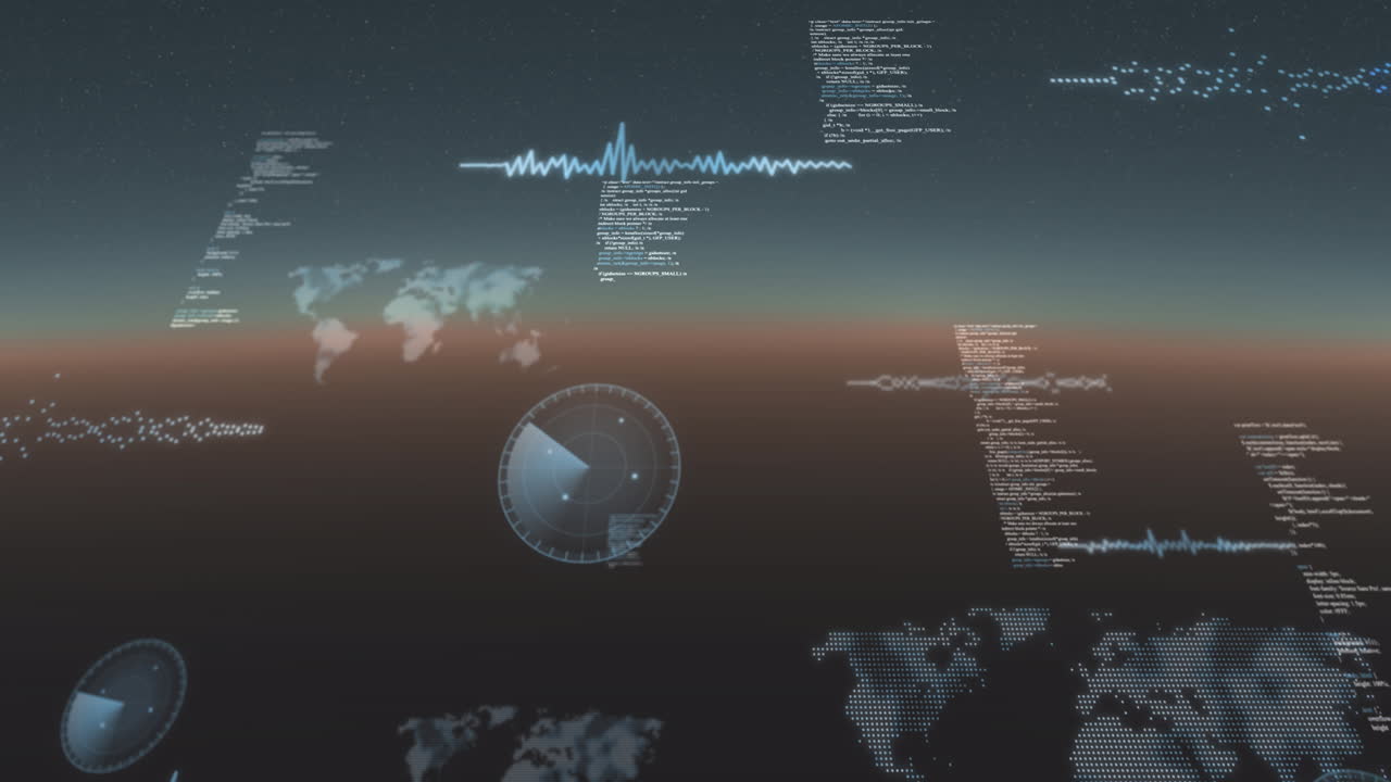animación del procesamiento de datos, mapas del mundo y registro estadístico en fondo de gradiente