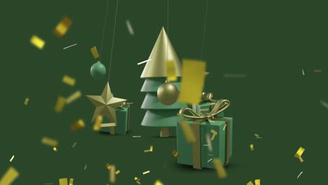 Animation-of-confetti-falling-over-christmas-decorations-on-green-background