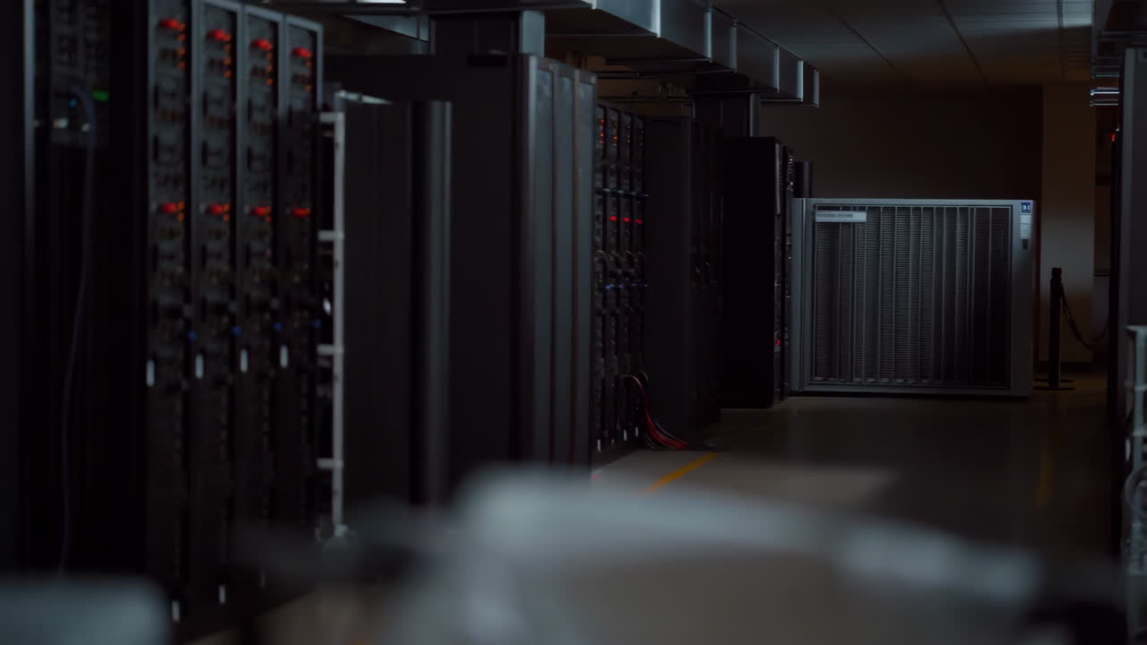 Aisle of Server Racks and a Cooling Unit in a Data Center