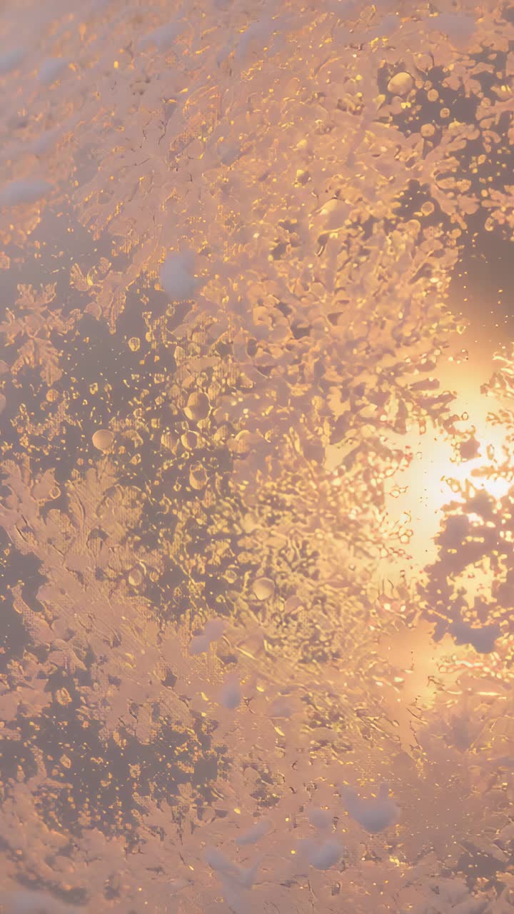 Vertical video: Catching warm sunrise light, frost crystals sparkling on window, showing silhouette